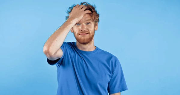 Bearded and redhead man in t-shirt adjusting hair isolated on blue — Stock Photo