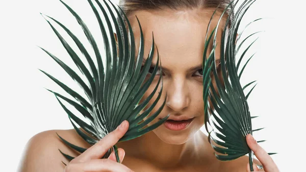 Jeune femme regardant la caméra et tenant des feuilles de palmier vert isolé sur blanc — Photo de stock