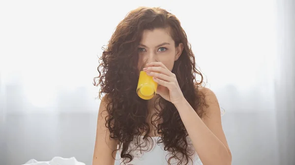 Кудрявая молодая женщина пьет апельсиновый сок по утрам — стоковое фото