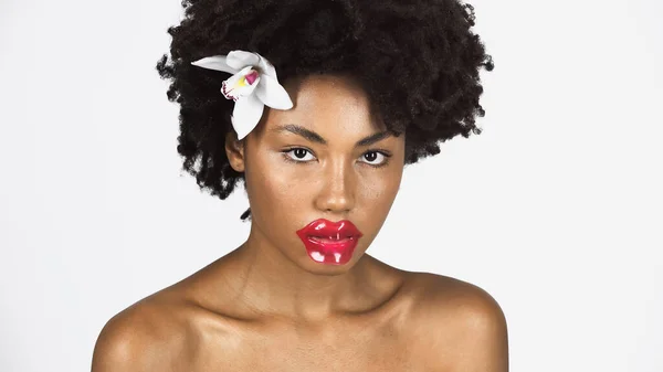 Jeune femme afro-américaine avec patch sur les lèvres et fleur dans les cheveux isolés sur gris — Photo de stock