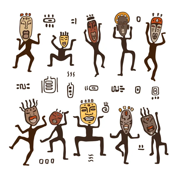 Dancing figures in African masks — Stock Vector