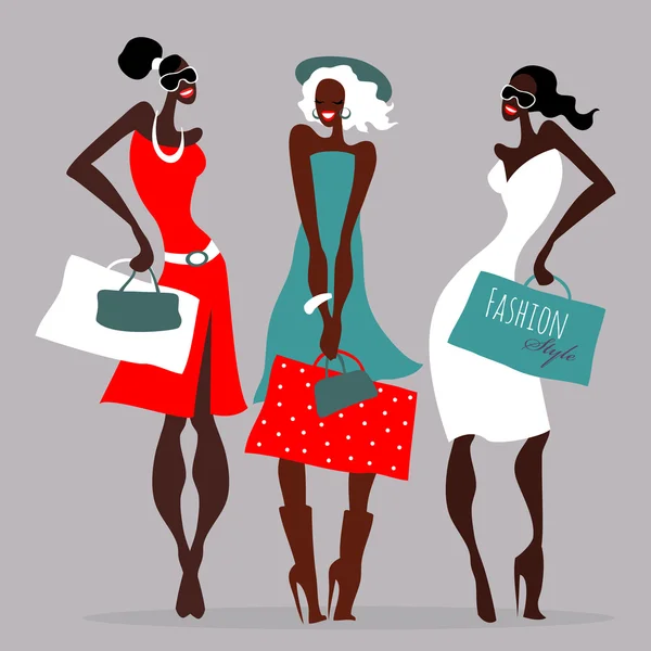 Fashion girls. Women with shopping bags. — Stock Vector