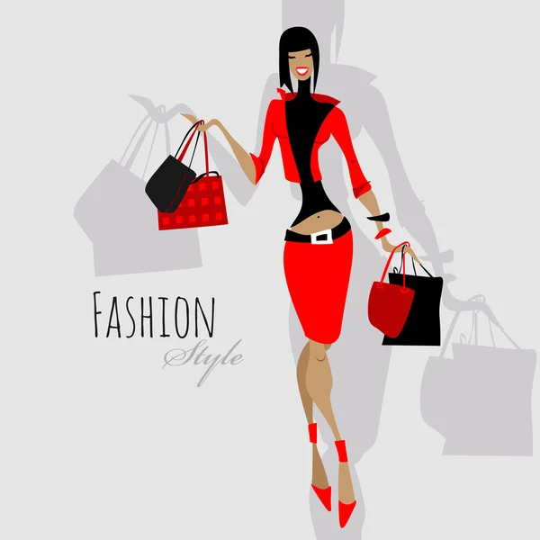 Menina da moda. Mulher com sacos de compras . —  Vetores de Stock