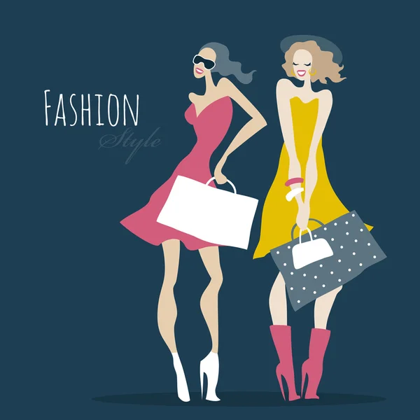 Mode meisjes. Vrouwen met shopping tassen. — Stockvector