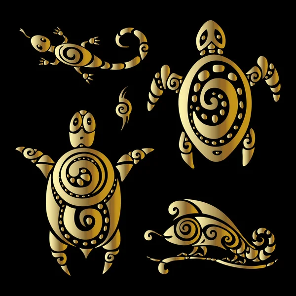Schildpadden en hagedissen. Polynesische tatoeage stijl. — Stockvector