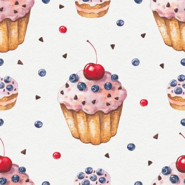 Sulu Boya renkli cupcake. Seamless modeli.