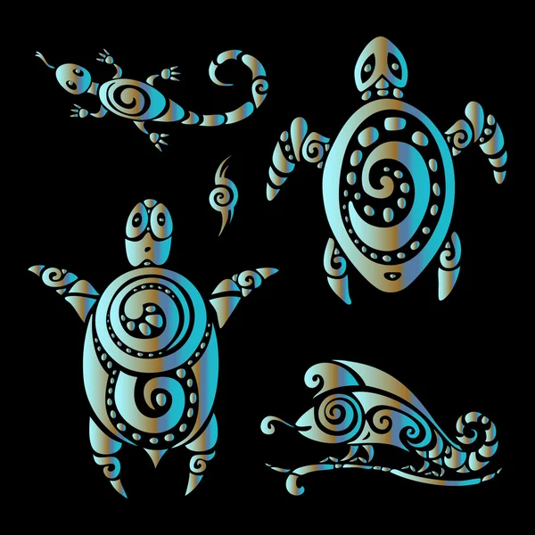 Sköldpadda och ödlor. Polynesiska tatuering stil. — Stock vektor