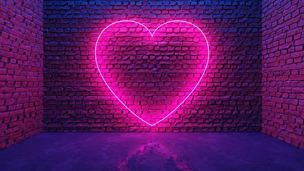 Glowing neon heart shaped like icon on brick wall in dark room — Stock Photo, Image