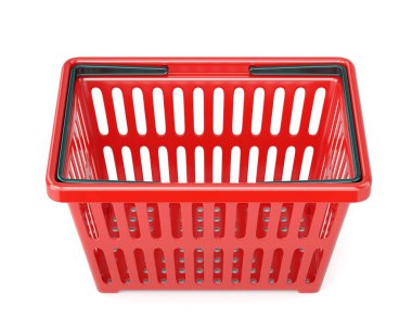 Beyaz arka planda iki saplı kırmızı plastik süpermarket sepeti.