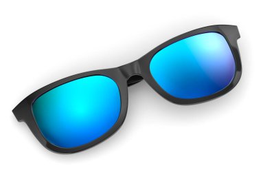 Beyaz arka planda mavi lensli siyah plastik güneş gözlüğü.