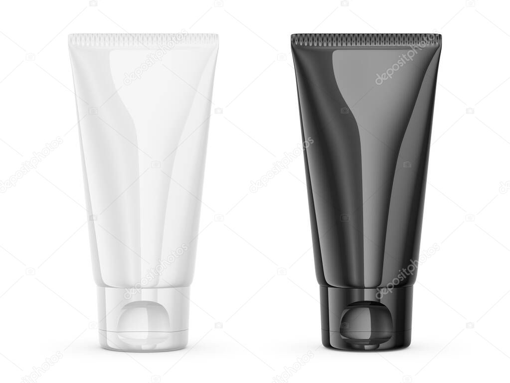 Black and white tube containers for cosmetic products