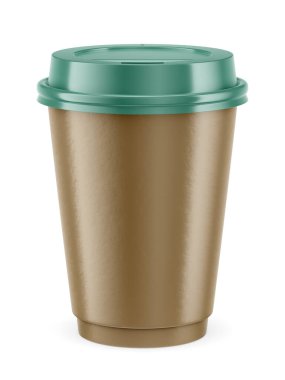 Yeşil plastik şapkalı kahverengi kağıt kahve fincanı.