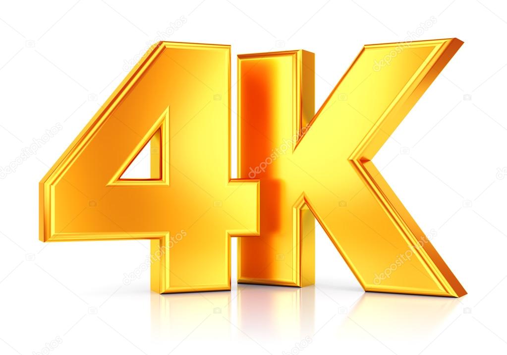 4K ultra high definition television technology golden logo icon isolated on white background with reflection effect