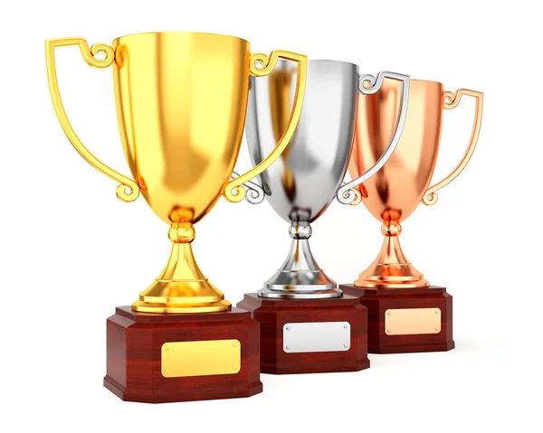 Three trophy cups in a row — Stock Photo, Image