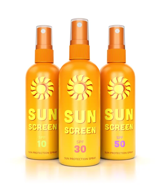 Drie zonnebrandcrème spray flessen — Stockfoto