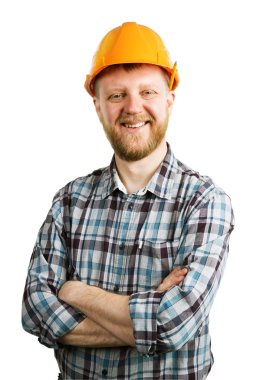 Bir kask içinde komik mutlu sakallı adam