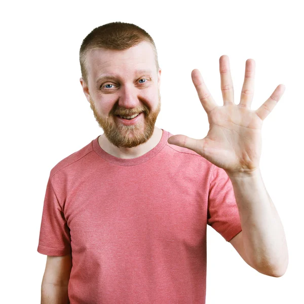 Funny man in a t-shirt are showing five fingers — Stock Photo, Image