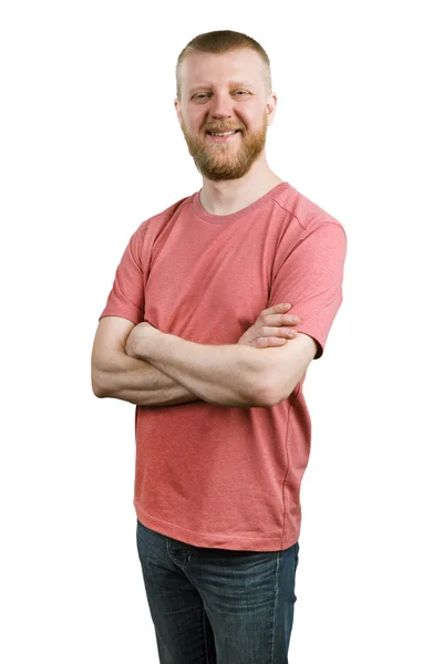 Счастливый бородатый мужчина в рубашке и джинсах — стоковое фото
