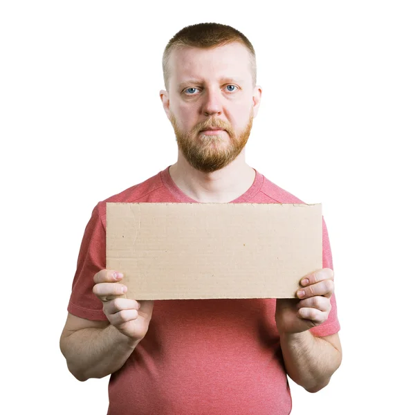Adam reklam işareti ile el sakallı — Stok fotoğraf