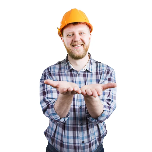 Bearded man in a helmet stretched palm — Stock Photo, Image