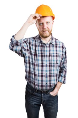 Erkek turuncu koruyucu Miğferde koyar