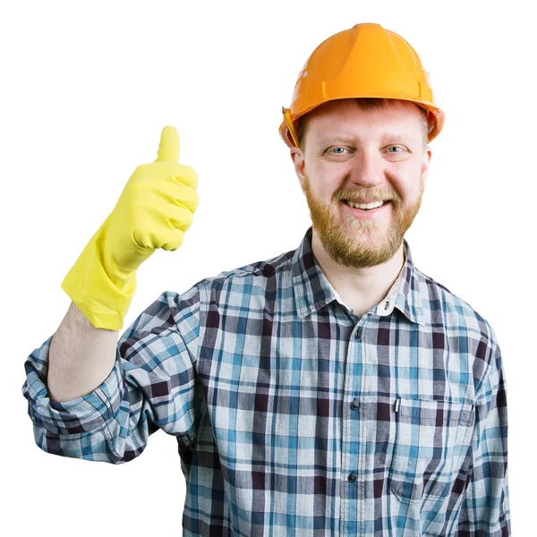 El hombre con casco está demostrando que todo está bien. — Foto de Stock