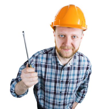 Tornavida ile bir kask içinde sakallı adam