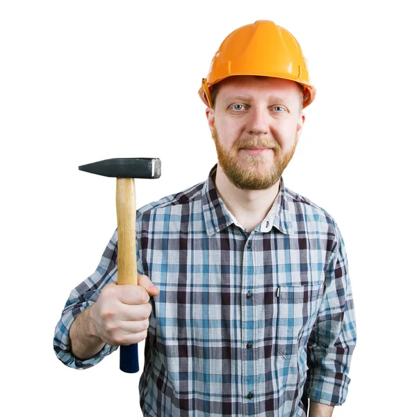 Hombre barbudo en un casco con martillo — Foto de Stock