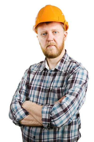 Trabajador con casco naranja y camisa a cuadros — Foto de Stock