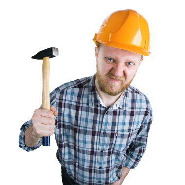 Angry builder iwith a hammer clipart