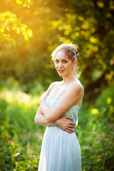 Young Woman Blue Dress Summer Garden Evening — Stock Photo, Image