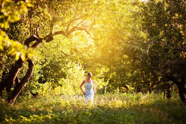青いドレスの女の子が夜のリンゴ園を歩く — ストック写真