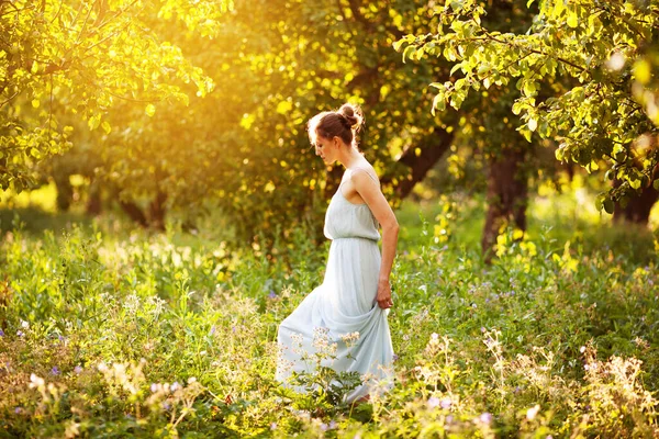 Молода Жінка Сукні Гуляє Яблучному Саду — стокове фото