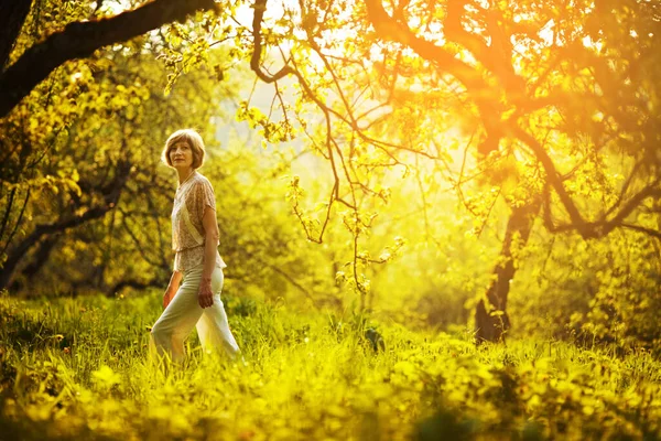 Geen Enkele Jonge Vrouw Loopt Avonds Een Appelboomgaard — Stockfoto