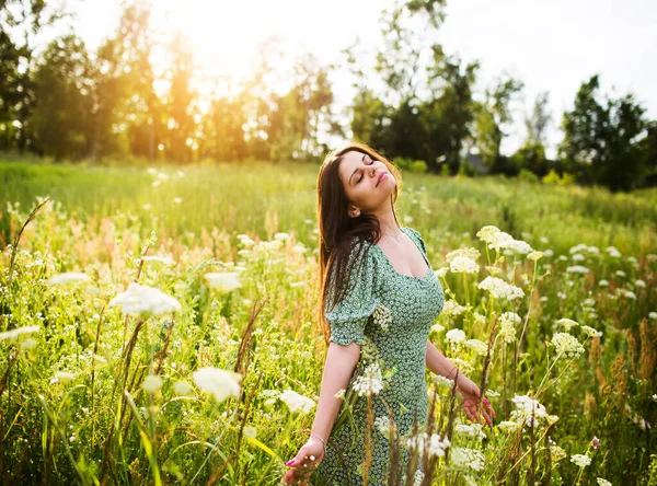 Lycklig Ung Kvinna Bland Vilda Blommor Sommardag — Stockfoto