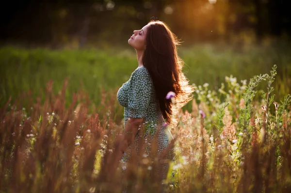 Giovane Donna Felice Con Capelli Lunghi Campo Sera — Foto Stock