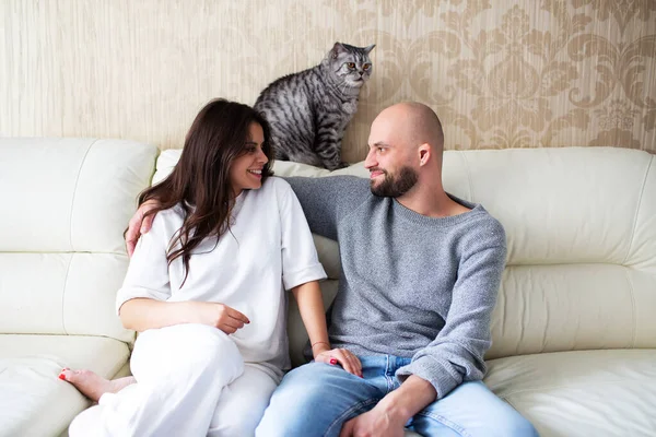 Jovem Casal Sentado Sofá Com Seu Gato Casa — Fotografia de Stock