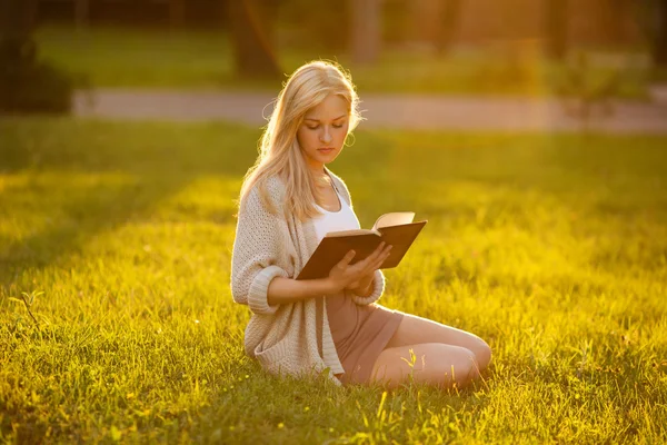 Chica sentada en la hierba y leyendo un libro —  Fotos de Stock