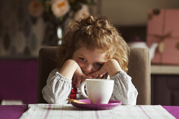 Little  beautiful girl sitting at the kitchen table