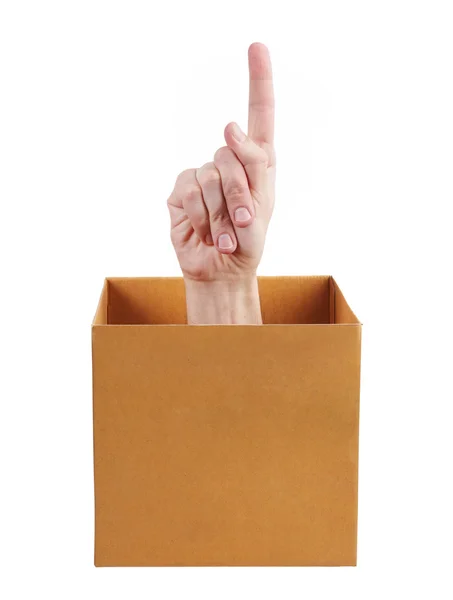 Hand pekar ur lådan — Stockfoto