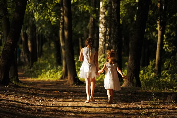 Små flickor gå i soliga skogen — Stockfoto