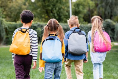 Back view of schoolkids with backpacks walking on lawn  clipart