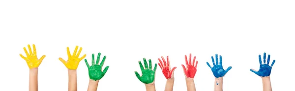 stock image Cropped view of hands of children in colorful paint isolated on white, banner 
