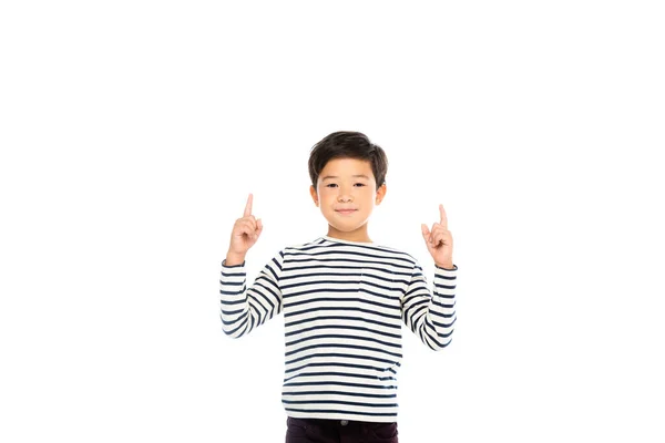 Smiling Asian Boy Pointing Fingers Isolated White — Stock Photo, Image