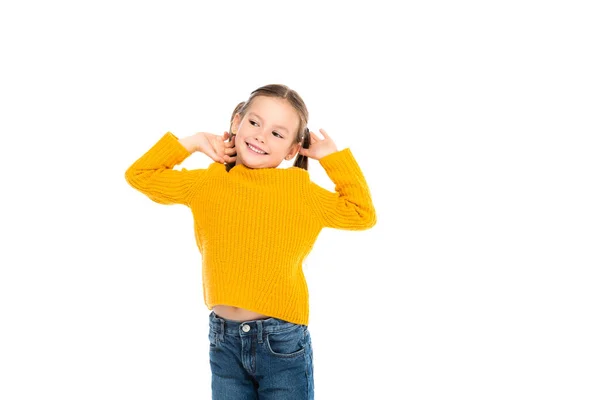 Bambino Sorridente Guardando Lontano Isolato Sul Bianco — Foto Stock