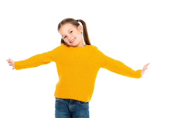 Ragazzo Allegro Sorridente Macchina Fotografica Isolata Bianco — Foto Stock