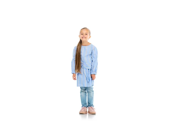 Cheerful Kid Smiling While Standing White Background — Stock Photo, Image