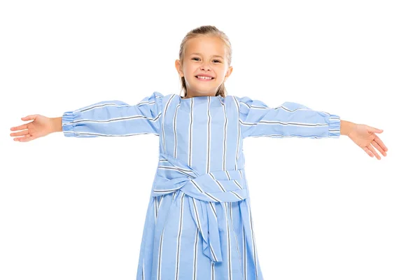 Glimlachend Meisje Jurk Kijken Naar Camera Geïsoleerd Wit — Stockfoto