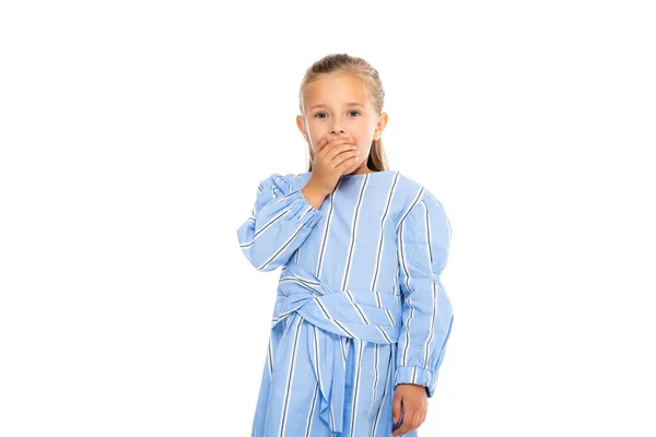 Shocked Kid Covering Mouth Hand Isolated White — Stock Photo, Image