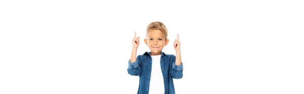Glückliches Kind Zeigt Mit Fingern Auf Weißes Banner — Stockfoto
